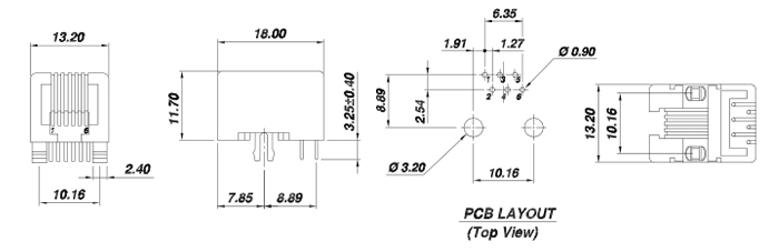 Side Entry Unshielded 6P2C RJ11 PCB Mount Connector Drawing