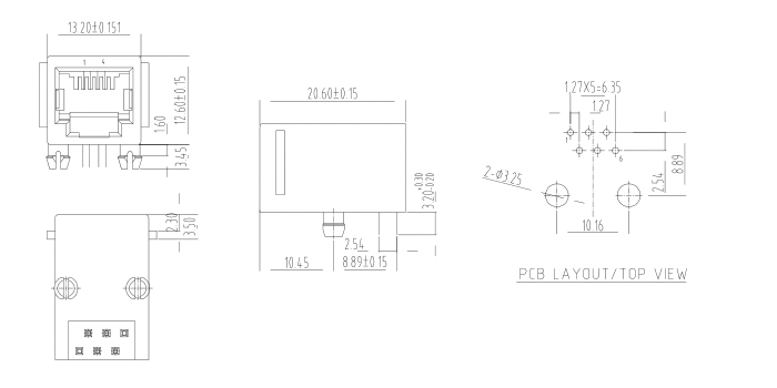 RJ11 Female Connector 6P4C Drawing