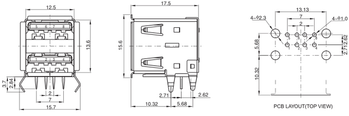 2 Row USB A Type 2.0 Female Connector 8Pins Drawing 