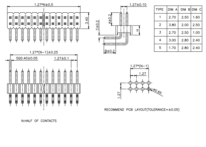 Dual Row SMT Type 1.27mm PIN Header - Drawing