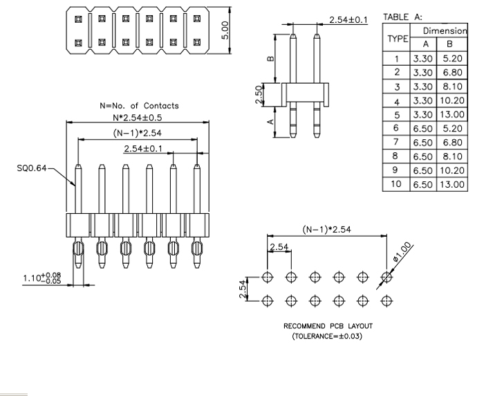 Dual Row Vertical Thru Press Fit 2.54mm PIN Header - Drawing