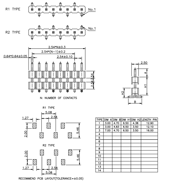Single Row SMT Type Pitch 2.54mmBoard Spacers Pin Header - Drawing