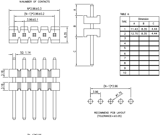 Vertical Through Single Row Stack PIN Header 3.96mm - Drawing